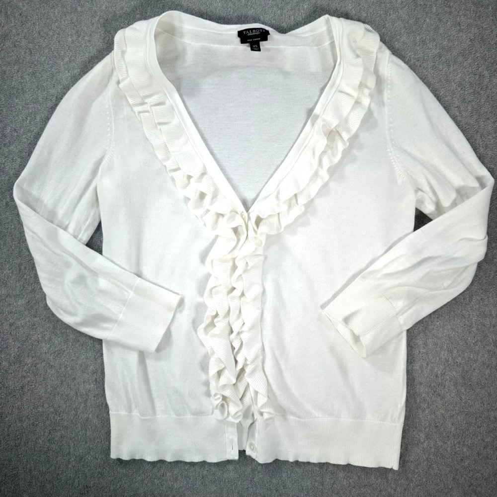 Talbots Button Down Ruffle Knit Cardigan Sweater Size X-Small White Pima Cotton